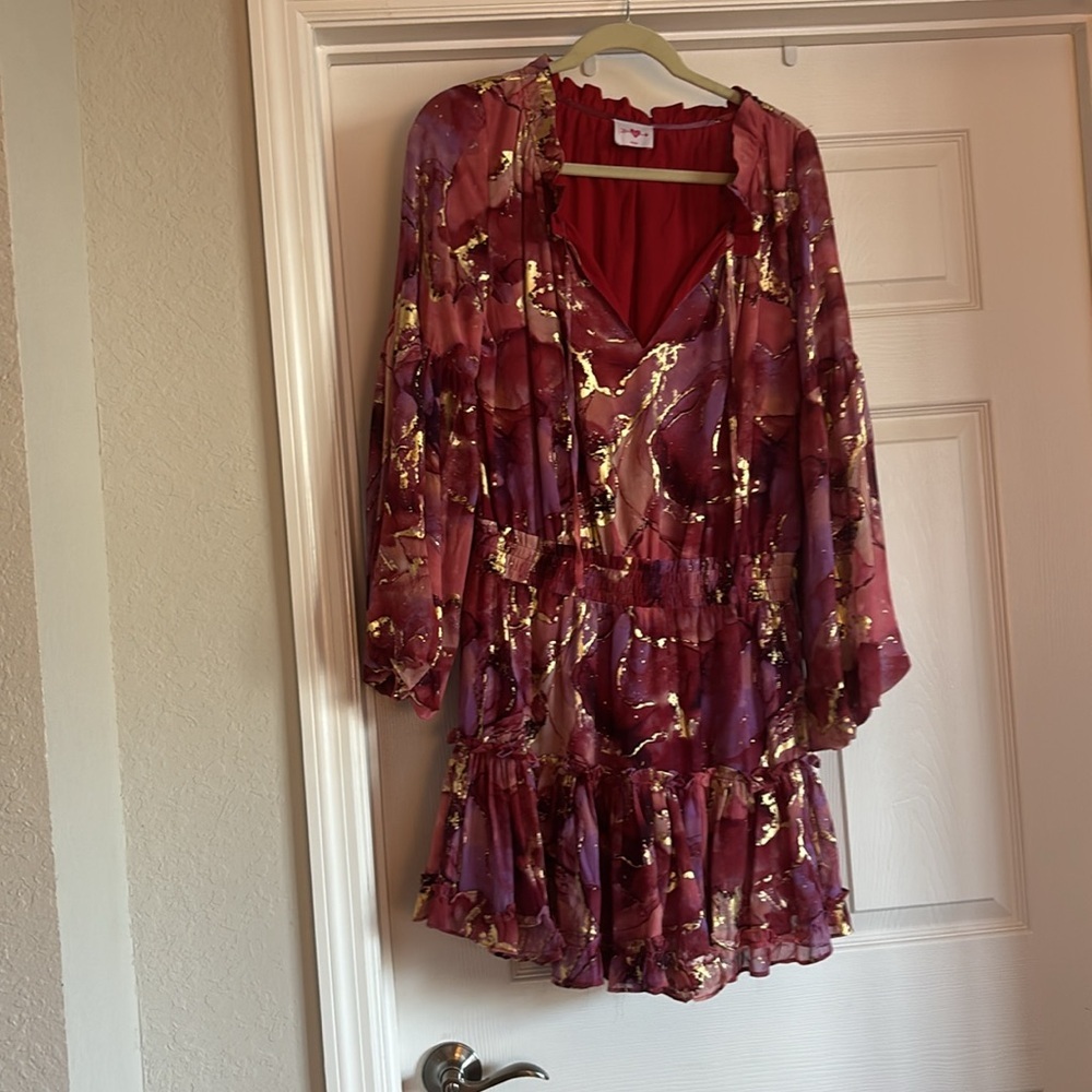 Buddy Love Zozo Dress Pink/Gold Size MEDIUM Long Sleeve Mini Ruffle - Picture 2 of 5